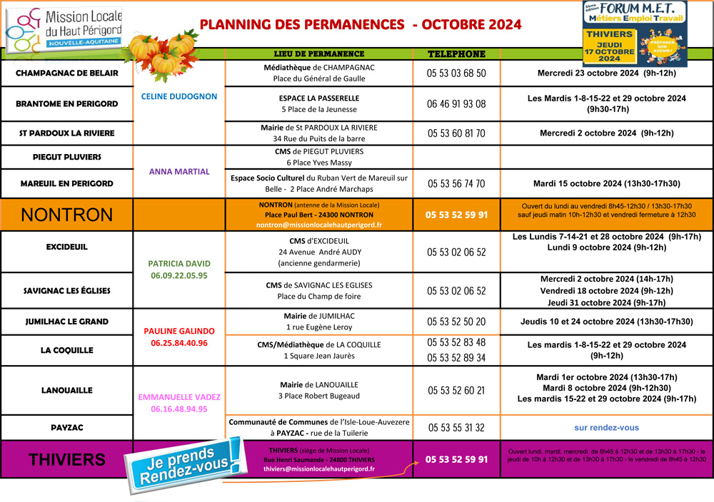Permanences septembre 2020 Mission Locale HAut Périgord
